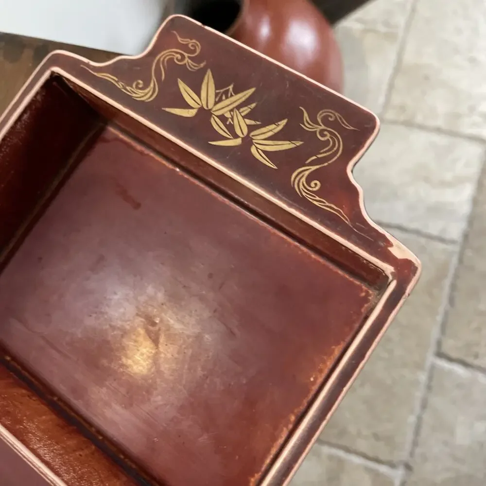 Vtg Baruni Japanese Lacquerware 3 Section Tray Painted Metal Burgundy Gold